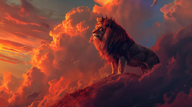 Lion of Judah with Crown in Fiery Skies - Majestic Symbol of Strength, Power, and Royalty
