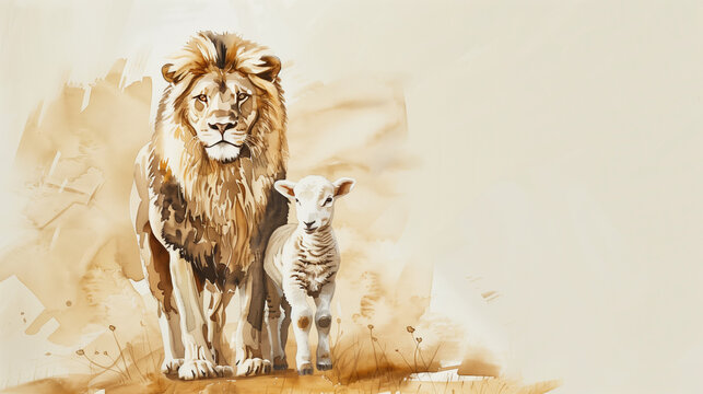 Lion of Judah and Lamb - Symbolic Watercolor Art of Peace and Strength
