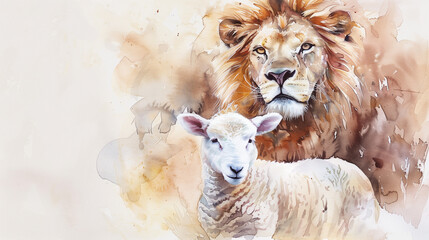 Lion of Judah and Lamb - Symbolic Watercolor Art of Peace and Strength
