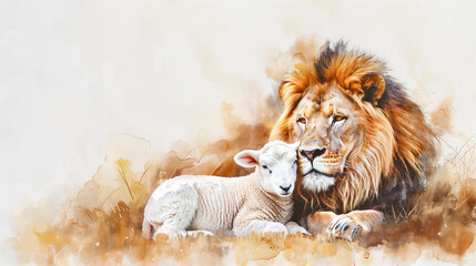 Lion of Judah and Lamb - Symbolic Watercolor Art of Peace and Strength
