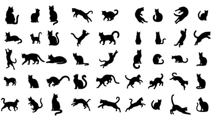 Vector illustration. Silhouettes of black cats. Set of animal stickers. Large set.	