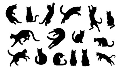 Vector illustration. Silhouettes of black cats. Set of animal stickers. Large set.	