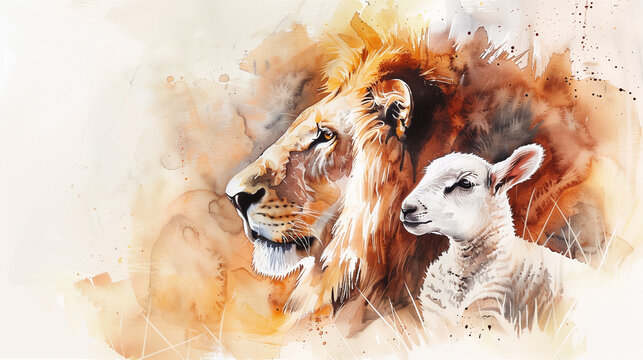 Lion of Judah and Lamb - Symbolic Watercolor Art of Peace and Strength
