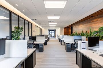 Design an office space with white desks and chairs, black glass walls on the left side, and wooden paneling on one wall. There is light gray carpeted flooring.