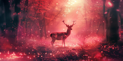 A beautiful deer in the forest, glowing red leaves on the trees, fireflies flying around it