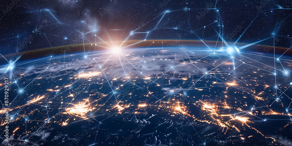 Aufkleber a wide-angle view of the earth from space, with glowing connections between cities and digital data 