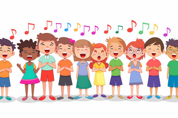 A clipart illustration of a children's choir singing in front of a white background in the style of a cartoon