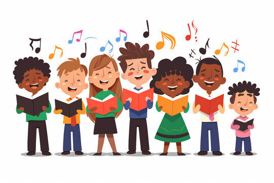 A clipart illustration of a children's choir singing in front of a white background in the style of a cartoon