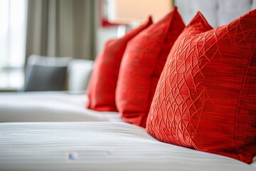 Elegant Red Pillows on Pristine White Bed Interior