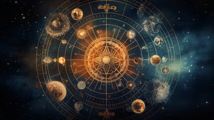 Cosmic Astrology Chart with Zodiac Signs over Nebulae in Space. International Astronomy Day