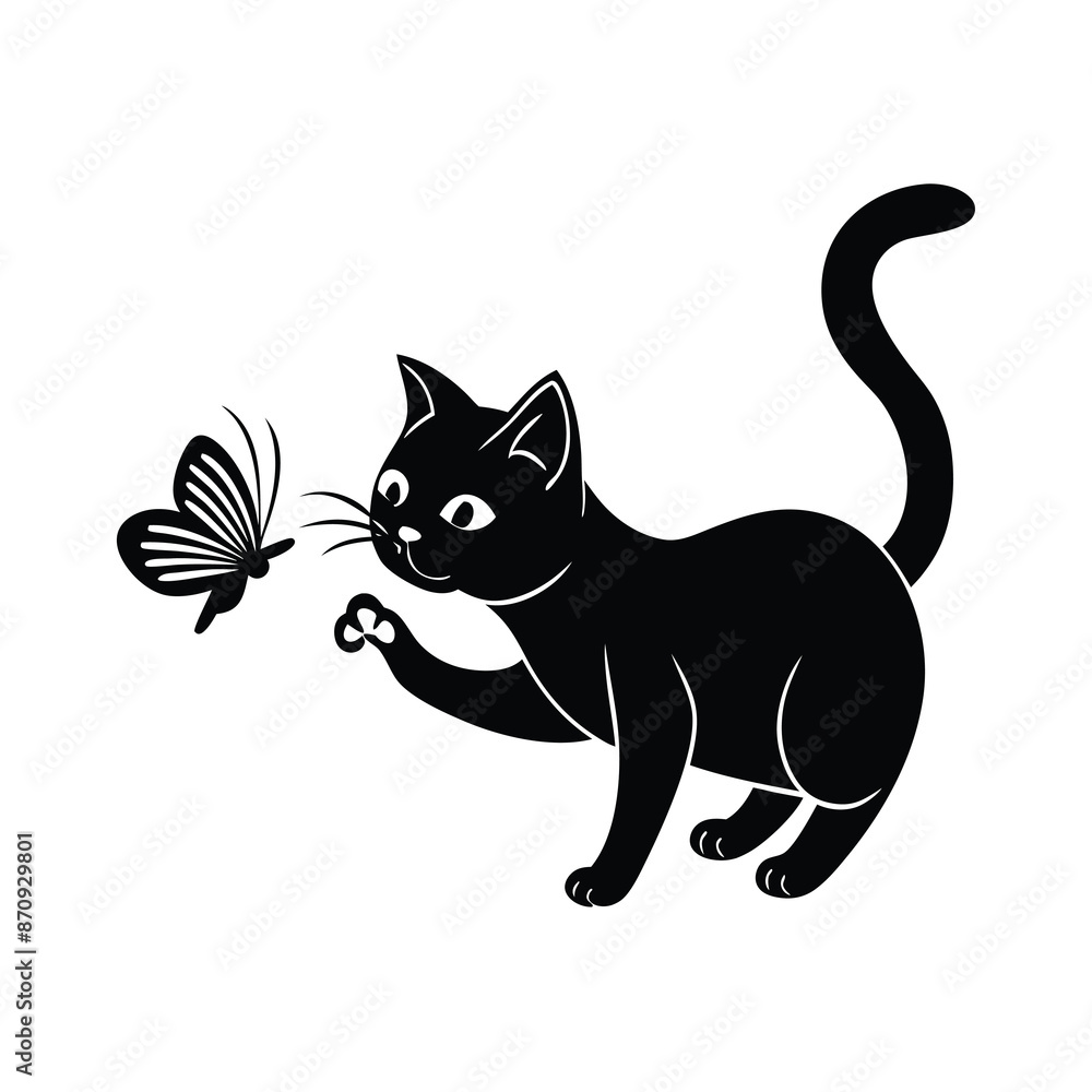 Aufkleber silhouette of a cat playing with a butterfly, design element isolated on a white background. vector 