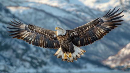 A majestic eagle soaring high in the sky, with outstretched wings and a mountainous backdrop, midday light