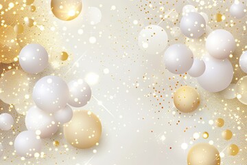 Festive backdrop with gold, white, silver bubbles, and sparkling lights for celebrations and parties