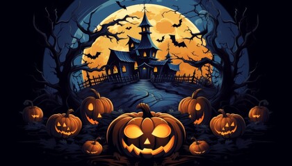 Spooky Halloween Night with Pumpkins and Haunted House