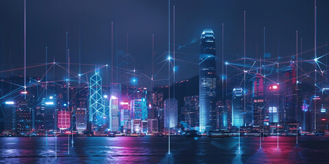 A futuristic cityscape at night, with neon lights and skyscrapers connected by glowing data streams, representing the global network of digital marketing