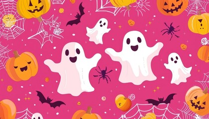 Halloween Festive Display with Ghosts and Pumpkins on Pink Background