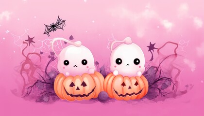 Obraz premium Cute Ghosts in Pumpkins on Pink Halloween Background