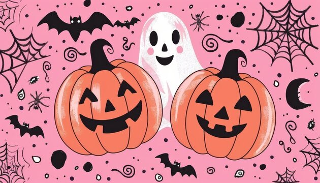 Cute Ghosts in Pumpkins on Pink Halloween Background
