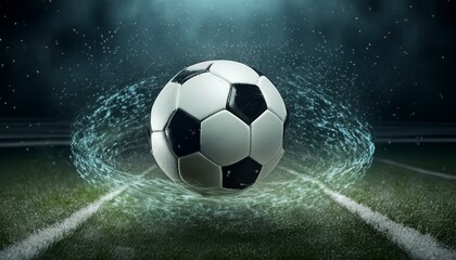 Naklejka premium Soccer Ball Background or Wallpaper - Soccerball image for Header or Promotional purpose - Soccerball with Special Effects in the Field of a Stadium - Championship, League or Cup
