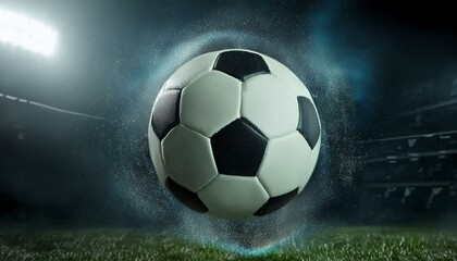 Naklejka premium Soccer Ball Background or Wallpaper - Soccerball image for Header or Promotional purpose - Soccerball with Special Effects in the Field of a Stadium - Championship, League or Cup
