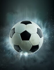 Naklejka premium Soccer Ball Background or Wallpaper - Soccerball image for Header or Promotional purpose - Soccerball with Special Effects in the Field of a Stadium - Championship, League or Cup