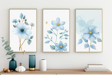 Elegant botanical wall art with blue floral prints in minimalist frames, vases on white cabinet