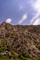 The sky is blue and the mountains are covered in trees