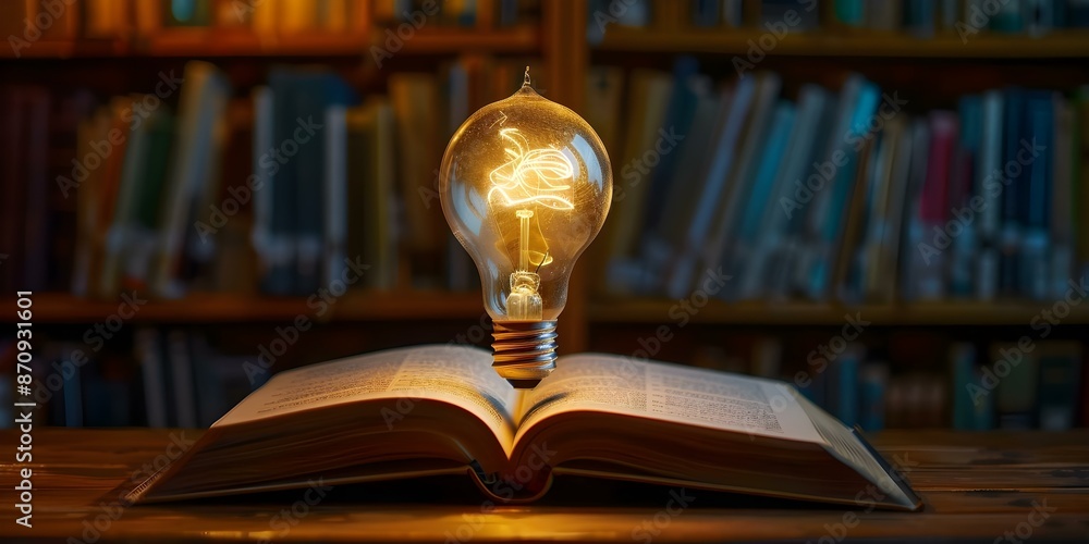 Poster illuminated lightbulb shining over open book on bookshelf. concept bookshelf decor, reading nook ins