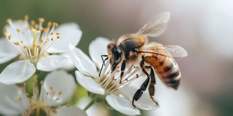 Close-up Image of Bee Pollinating Flower Highlighting the Significance of Pollinators. Concept Macro Photography, Pollination Process, Nature's Balance, Importance of Bees