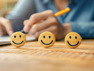 Three smiling faces are on a table with a pen