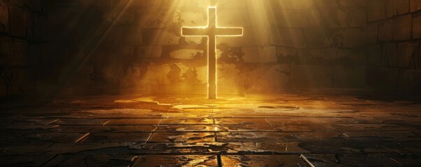 ancient cross glowing with ethereal light in a dimly lit room focus on mystical artifact ethereal Multilayer ancient church backdrop
