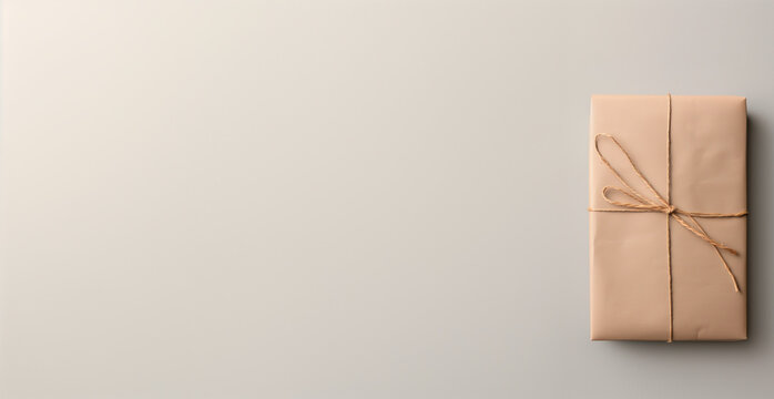 Plain brown paper package tied with string. Minimalist stock product gift packaging mockup on a neutral background with copy space. 