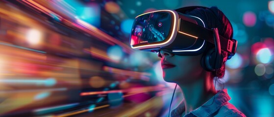 A person wearing VR headset with blurred city lights in the background.