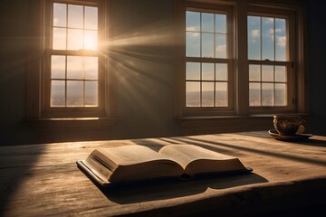 An old book sits open on a desk in front of a window letting in light from the rising or setting sun