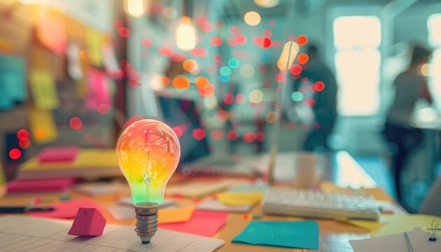 idea box full of creative suggestions for innovative projects selective focus brainstorming whimsical Double exposure office environment backdrop