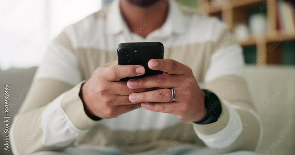Poster hands, typing and man with phone for communication, social media and internet search on home couch. 