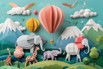 Colorful paper craft with hot air balloons, elephants, giraffes, mountains, and greenery.