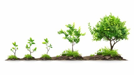 A series of five trees in different stages of growth, from seedling to mature tree, isolated on white.