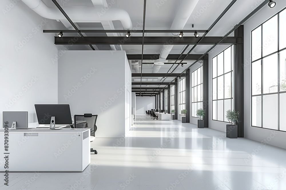Poster modern office with a blue and gray color scheme, a desk in the center of an empty room with cabinets