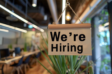 A close-up shot of a "We're Hiring" poster on a bulletin board in an office break room