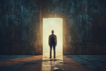 businessman standing facing bright light gate from dark room. ai generative