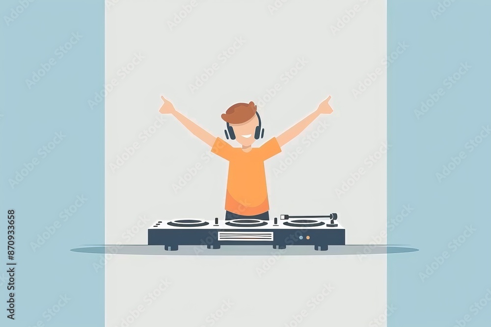 Poster dj performing in a minimalist setting with a vibrant sunrise backdrop creating a serene and dynamic 