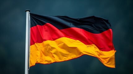 A German flag, with black, red, and yellow stripes, is waving proudly in the wind