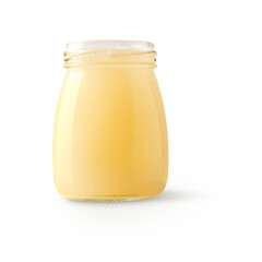 yellow grapefruit juice in an open glass bottle with shadow isolated on transparent background