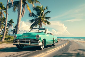 A classic convertible drives along a sun-kissed coastal road, surrounded by swaying palm trees and endless ocean views. The perfect blend of freedom and relaxation.