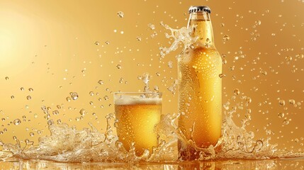 Vibrant beer bottle splash with foamy head on orange background for a refreshing concept