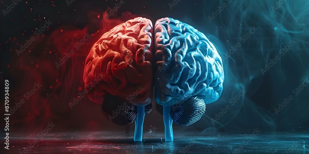 Poster 3d rendering showing specialized functions of left and right brain hemispheres. concept brain functi