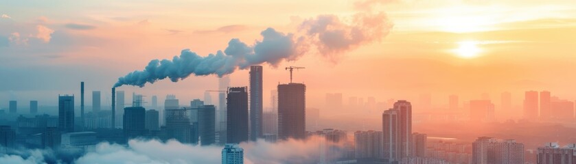 A cityscape at sunrise with industrial chimneys emitting smoke, highlighting the issue of urban pollution and environmental impact.