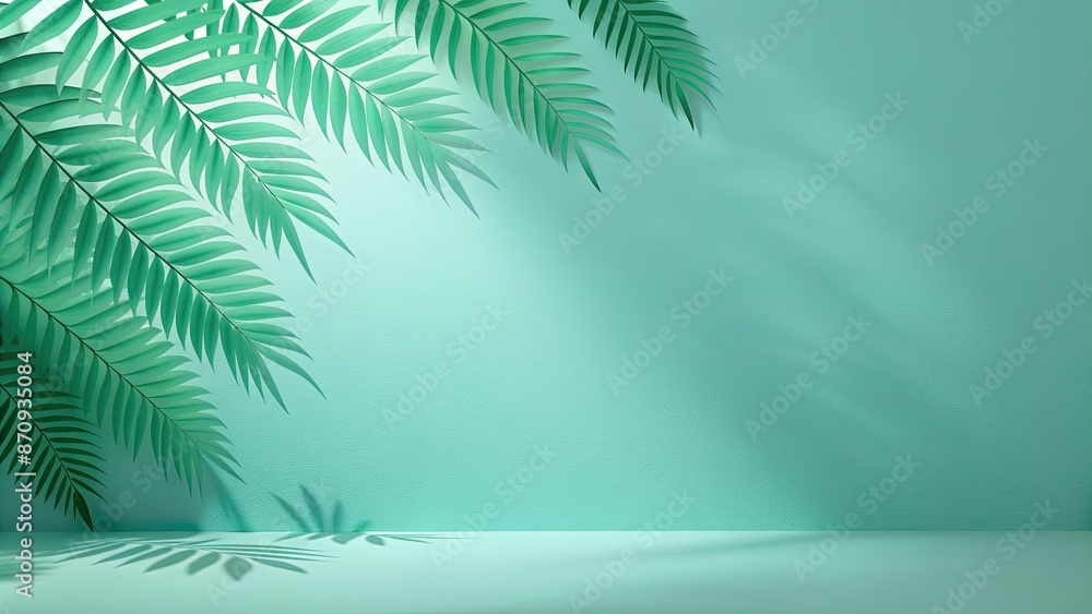 Poster Tropical leaves casting shadows on a teal background.