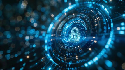 Obraz premium Abstract digital illustration of a padlock icon in a glowing blue circle, representing data security and privacy.